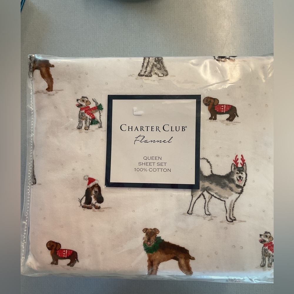 Charter Club Flannel Sheet Set with Dog Print - White and Multicolor